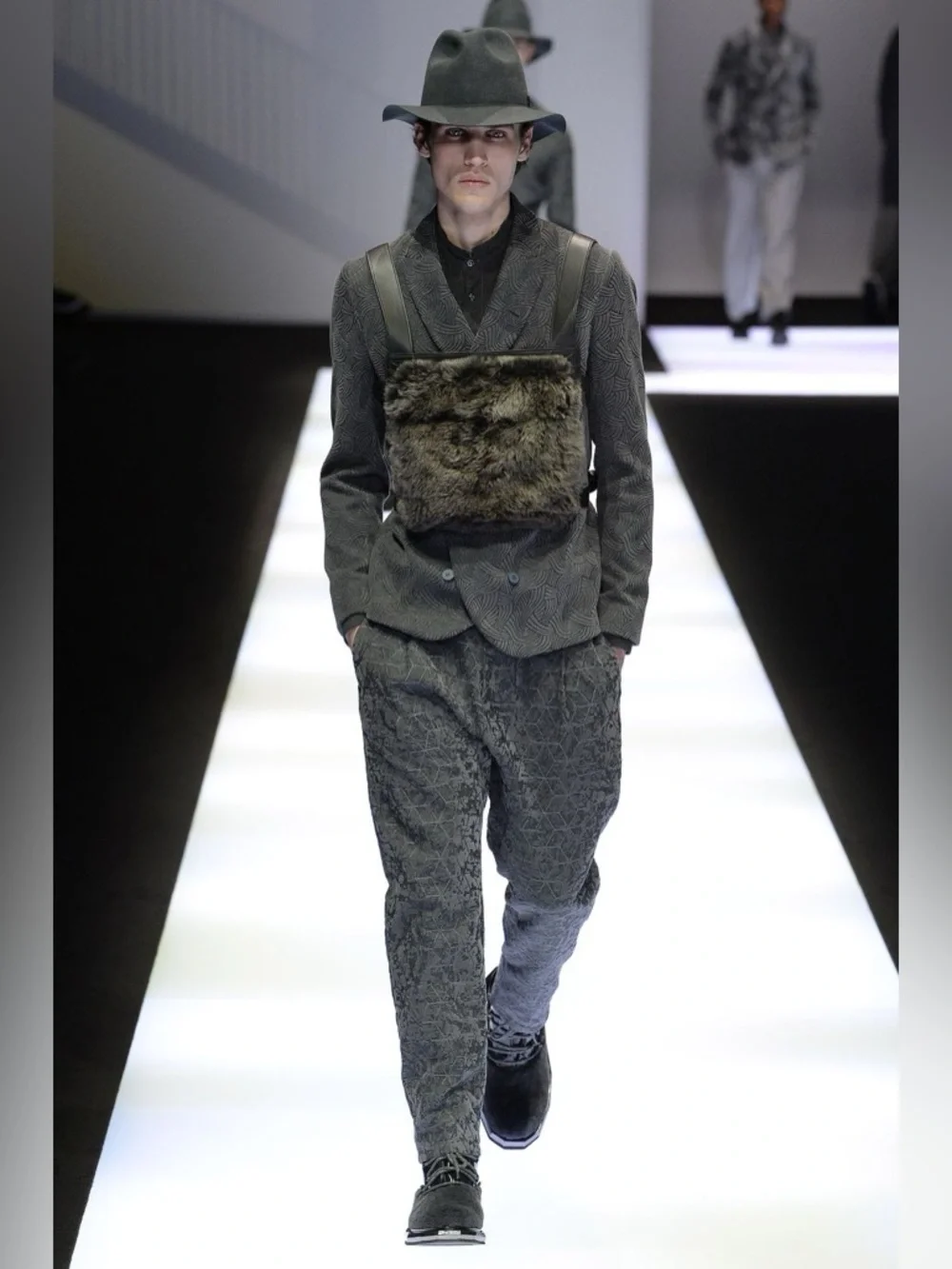 NWT Emporio Armani Fall 2017 Runway Fur Leather Chest Rig Vest Bag Black Gray